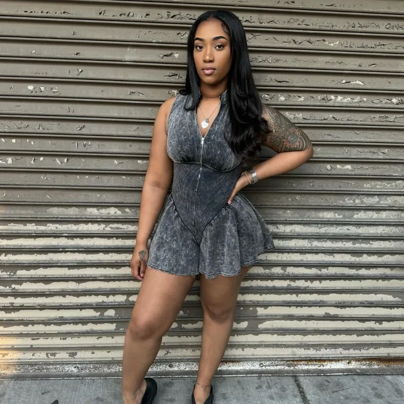 2024 Summer Solid Patchwork Ribbed Slim Casual One Piece Rompers Women O-neck Sleeveless Zipper Streetwear Wide Leg Playsuits