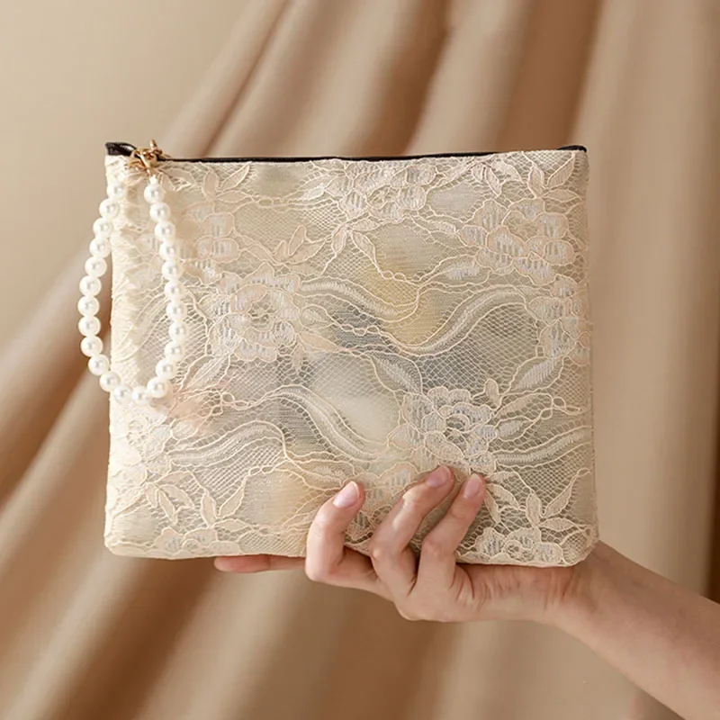 Sweet Cosmetic Pouch with Imitation Pearl Chain Women Lace Small Makeup Bag Travel Organizer Cosmetic Coins Handbag Case