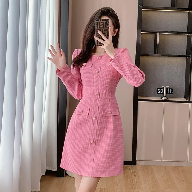 

Elegant Solid Color Simple Female Dresses Classic O-neck Chicly Button Pocket Slim Waist Fashion 2-colors Women Dresses