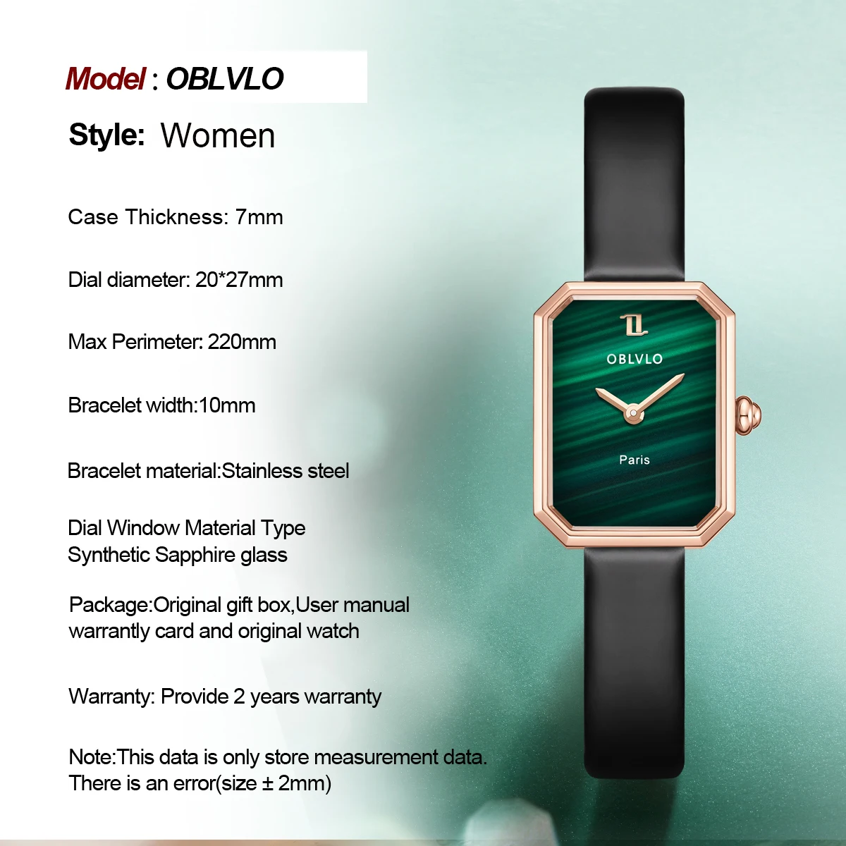 OBLVLO Women Quartz Watch Rose Gold Case Gift Leather Strap Malachite Dial Diamond Surface Sapphire Small Square Clock 23mm LW2