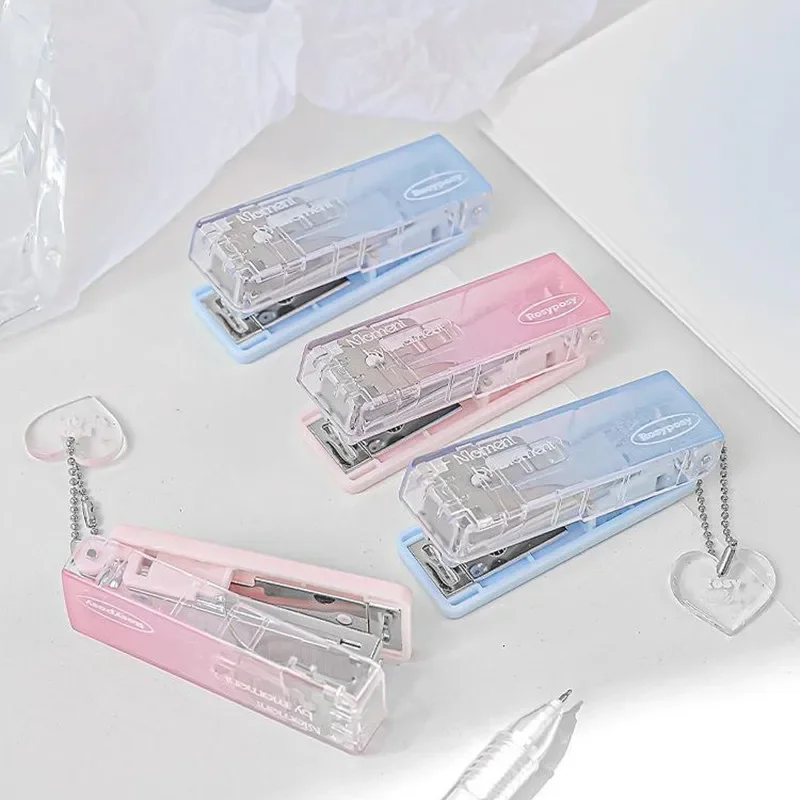 Mini Cute Stapler Fashion Transparent Gradient Color Stationery Stapler with Pendant Portable Bookbinding Tool Student Supplies