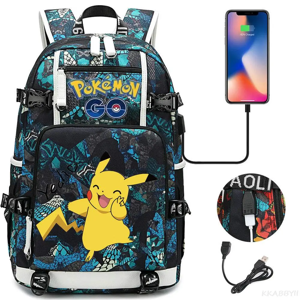 Вместительный школьный ранец POKEMON GO для мальчиков и девочек, Холщовый дорожный рюкзак с Usb-зарядкой для подростков и ноутбуков