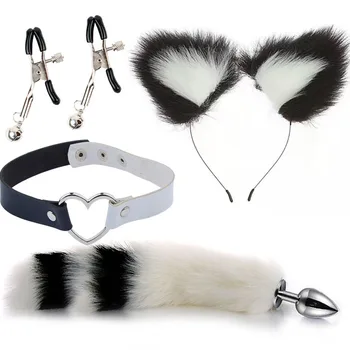 4pcs Sex Toys for Women Cute Fox Tail Anal Plug Cat Ears Headbands Set Nipple Clip Neck Collar Erotic Cosplay For Couples 6