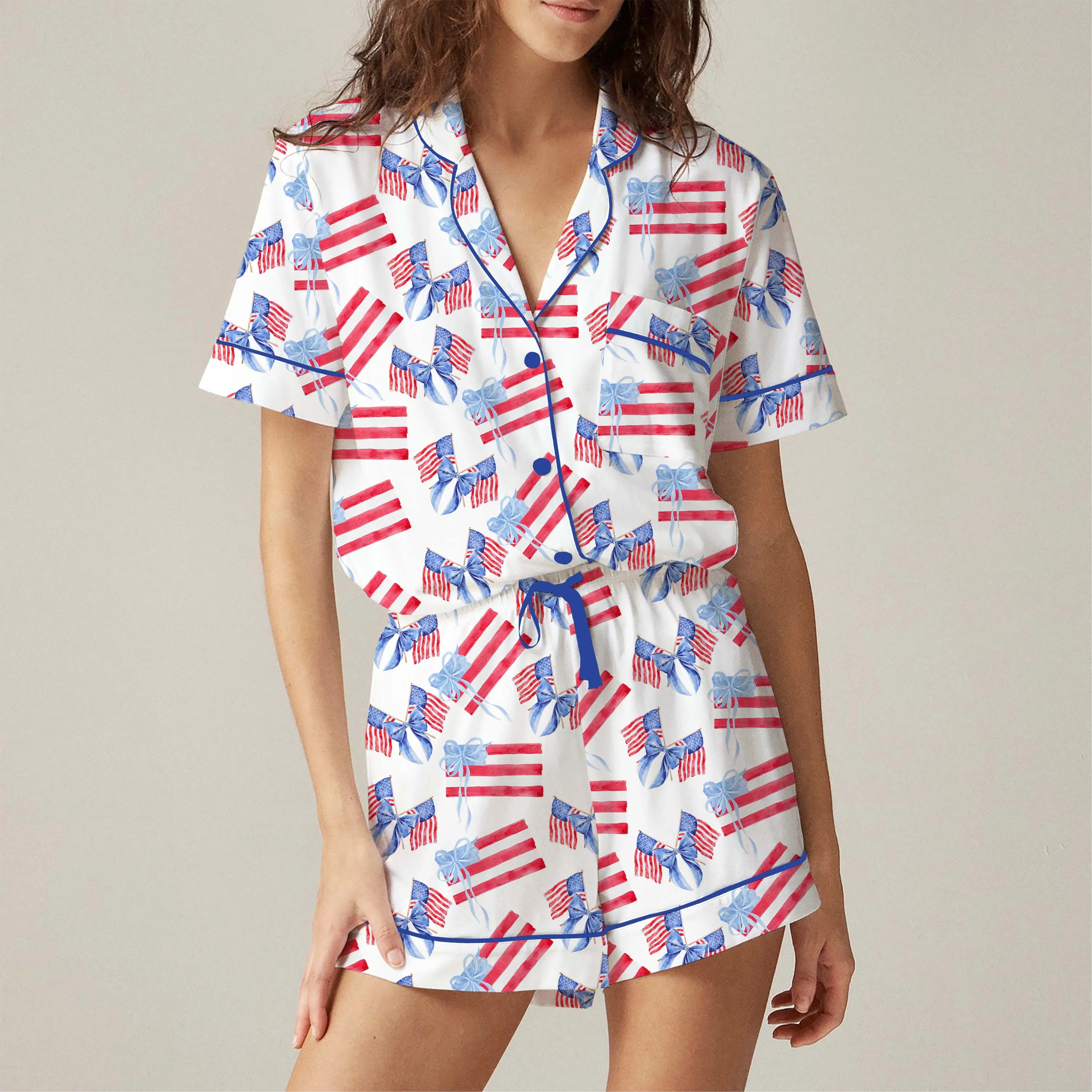 Conjunto de pijama feminino 4 de julho bandeira americana manga curta botão tops shorts de cintura elástica roupa de dormir de 2 peças 4