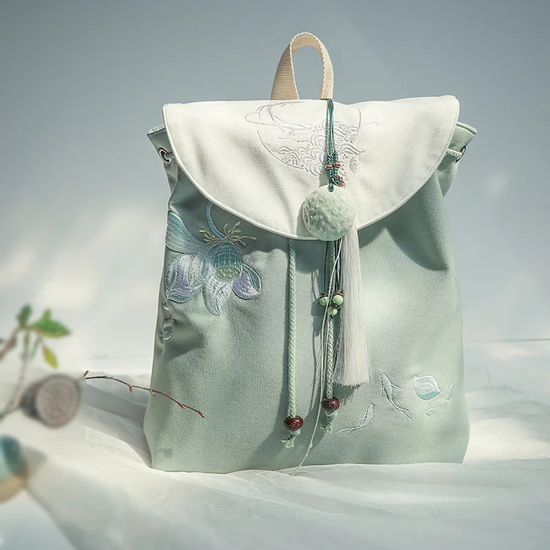 

Summer New Retro Chinese Ethnic Hanfu Sen Series Literary Embroidery Drawstring Canvas Storage Bag Shoulder Backpack Women