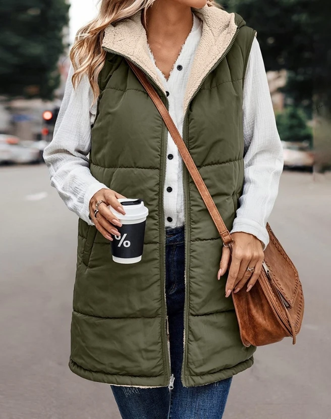 

2023 Autumn Winter Spring New Fashion Casual Zipper Design Hooded Versatile Longline Puffer Vest Coat Elegant Female Outfits