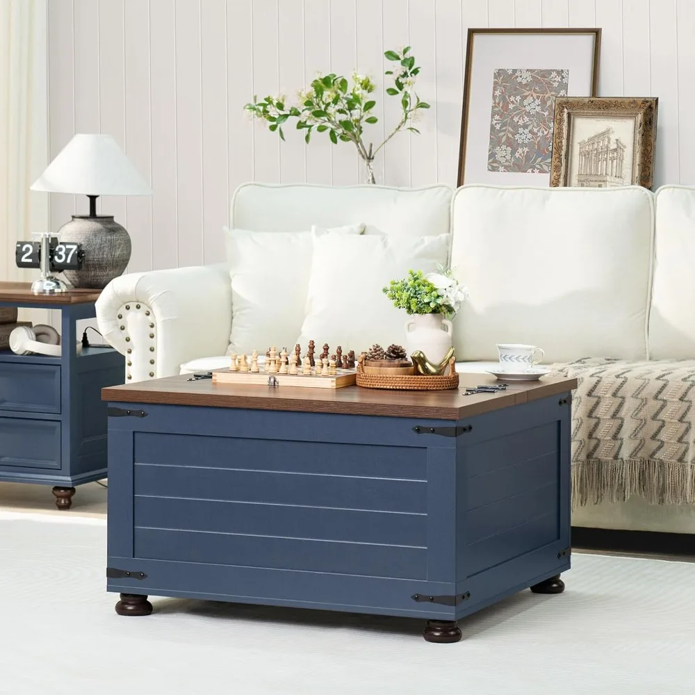 Farmhouse Coffee Table with Hidden Storage, Gallon Square Center Table for Living Room, Rustic Wood Cocktail Tables 2