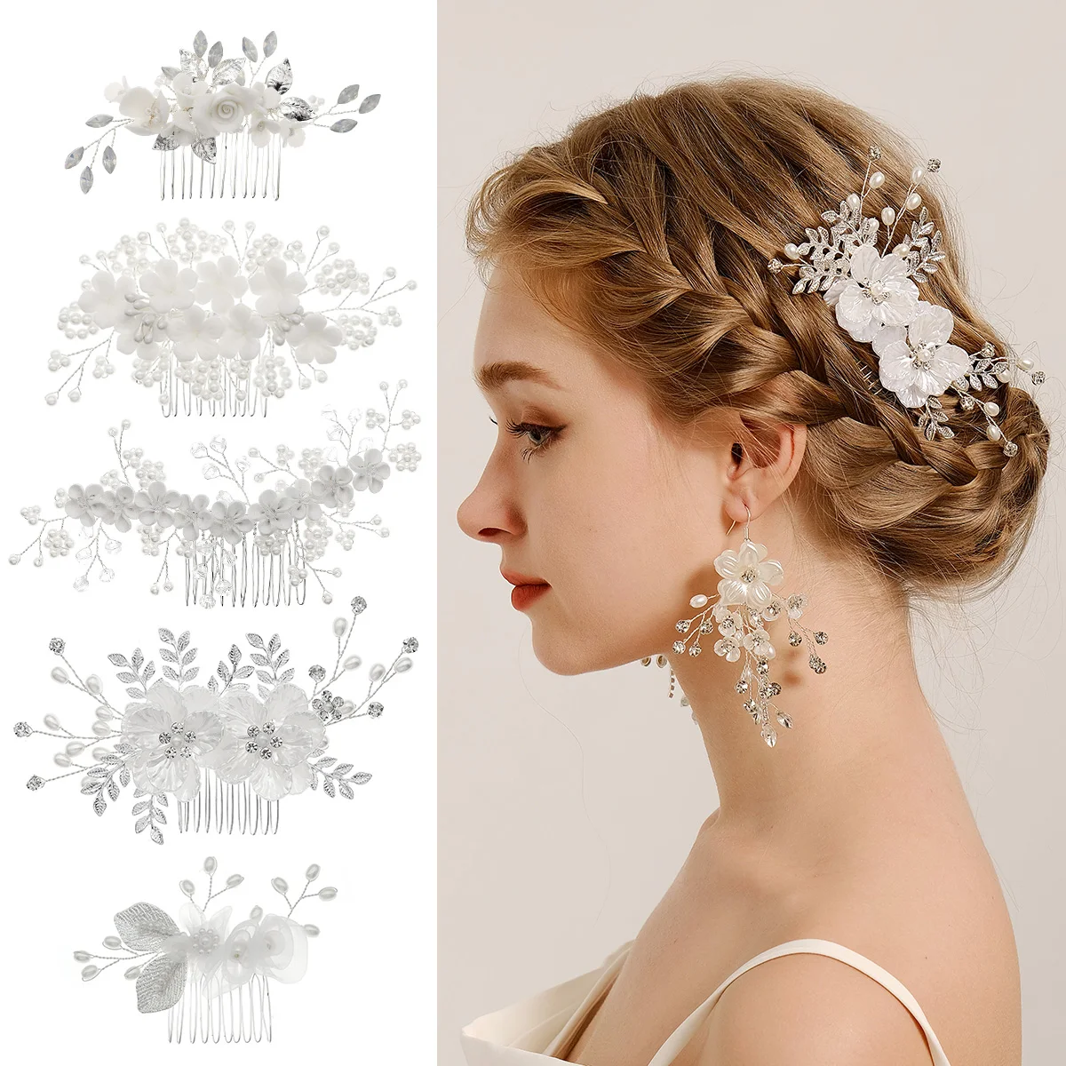 Handmade Wedding Hair Comb Leaf Flower Bridal Hairpins Pearl Rhinestone Head Jewelry Girls Wedding Hair Accessories hair accessories,bridal hair accessories