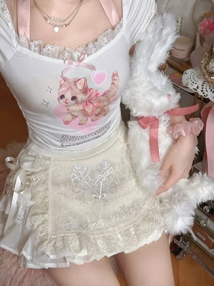ADAgirl Kawaii Floral Embroidery Mini Skirt Lace Patchwork A-LINE Lolita Skirt Womens Japanese Style Cutecore High Waist Skirts