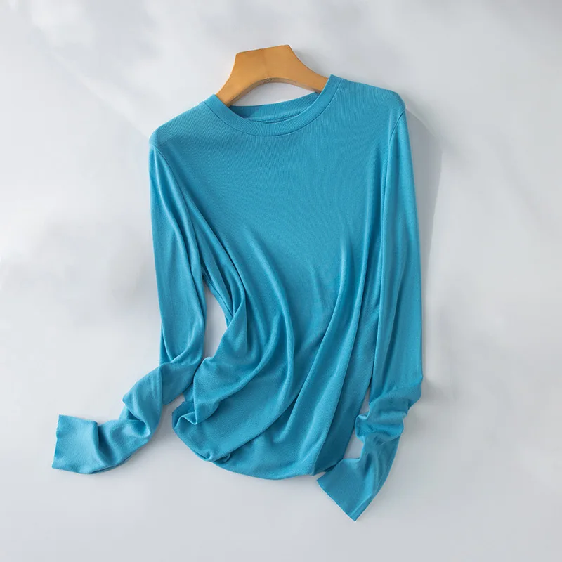 Lyocell Silk T Shirt Women Light Weight Long Sleeve Tees Crew Neck