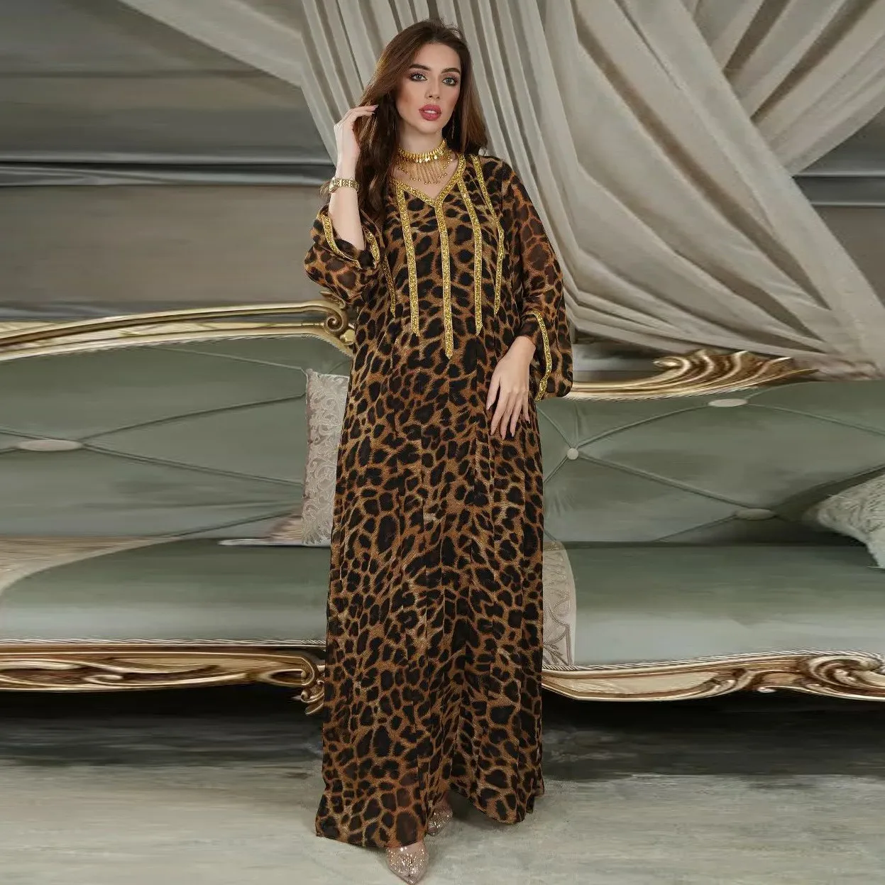 Leopard Print Long Dresses Dubai 2023 Abaya Women Kaftan Diamond Loose Dress Femme Muslim Clothes Jalabiya Ramadan Arab Vestidos
