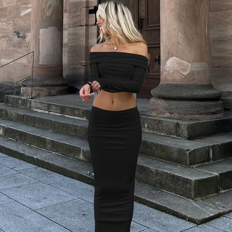 Casual Off-Shoulder 2 Piece-Set Maxi Skirt For Women Patchwork Long Sleeve Pullover Top And Long Skirt Sets Female Outfits