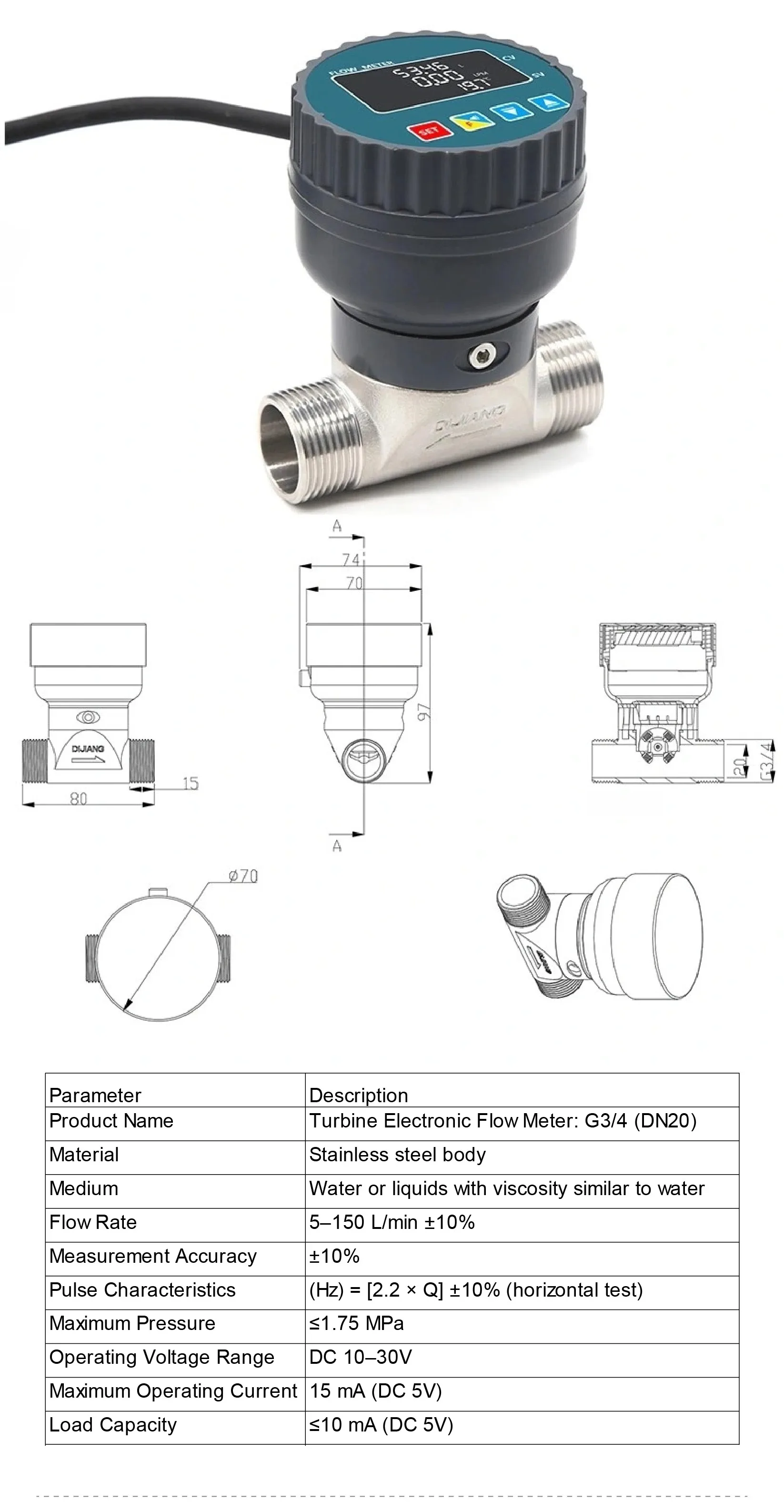 RS485 Stainless Steel Digital Display Flow Meter High Precision Liquid Water Flo
