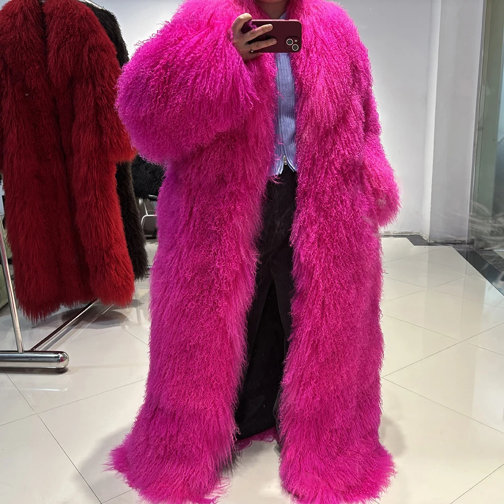 YOLOAgain 135-140cm Floor Length Mongolia Sheep Fur Coat Women Winter Warm Party Long Fur Coat Ladies Overcoat