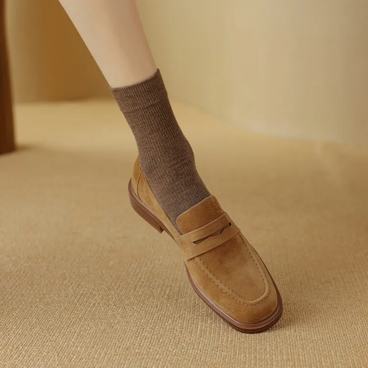 2026 Spring Sheep Suede Women Shoes Round Toe Chunky Heel Women Pumps Shoes for Women Deep Mouth Loafers Low Heels Ladies Shoes