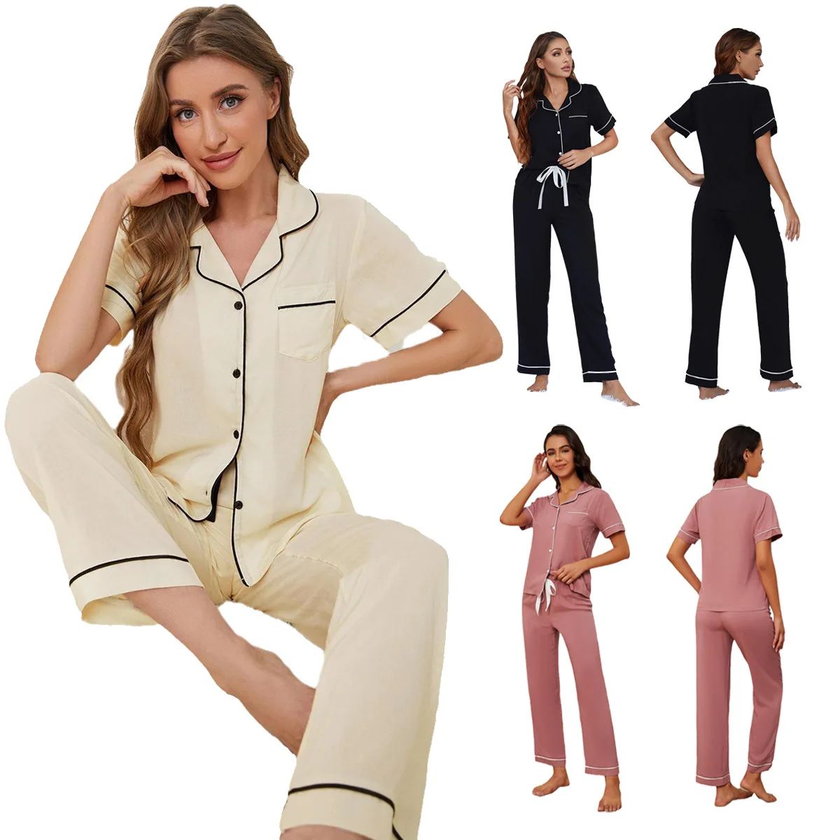 crop pipe	Pajama sets cropped piping women mujer conjuntos pijamas conjunto pyjama pijama femme ensembles feminino sleepwear pj