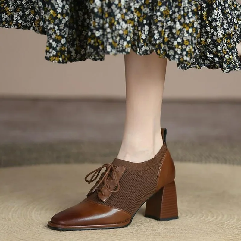 

Женские вязаные туфли на высоком каблуке, обувь на шнуровке на массивном каблуке, модная классическая обувь для прогулок, офисные туфли-лодочки, женская обувь, весна 2024
