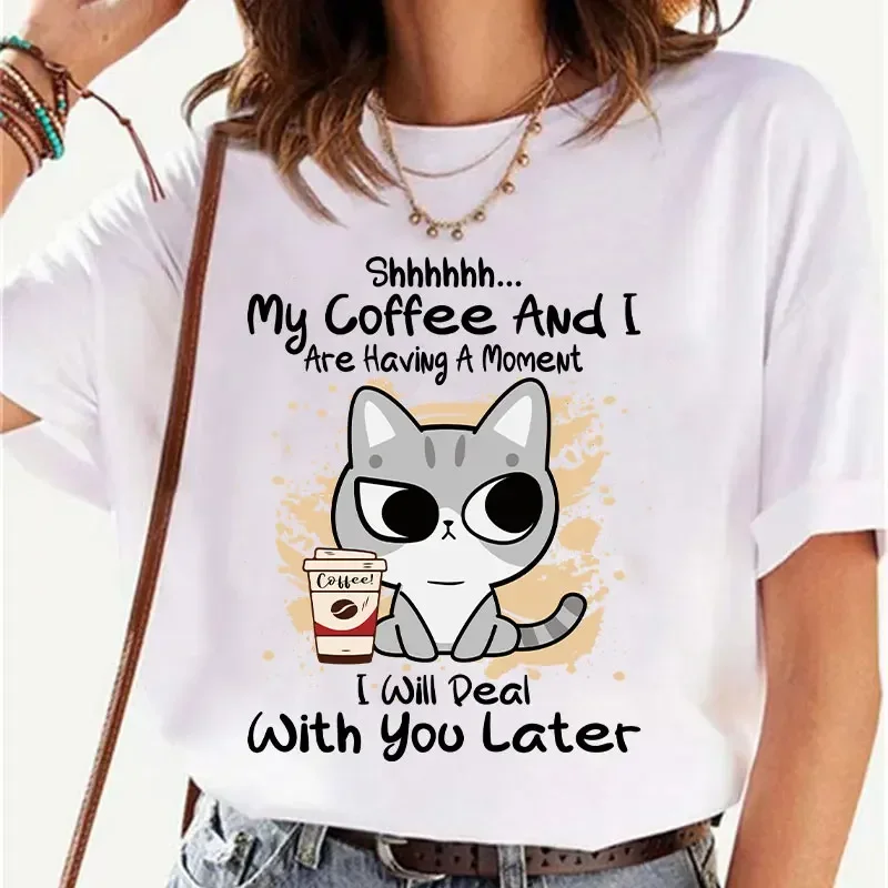 

Funny Cat Shhhhh My Coffee and I Are Having Print T-Shirts Summer Tee Shirts Femme for Women Clothes Ladies Top Tees cotton