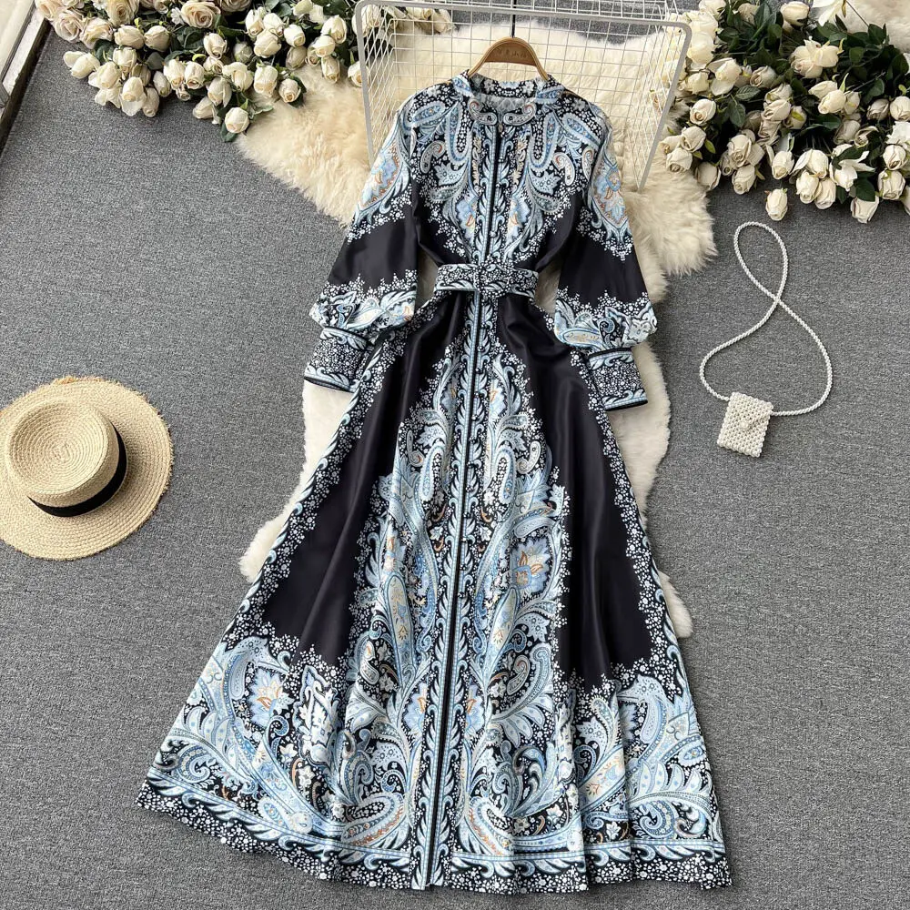 Nuevo vestido de fiesta vintage para mujer, moda de manga larga, botonadura sencilla, cuello alto, elegante, estampado, vestidos largos, primavera y otoño.