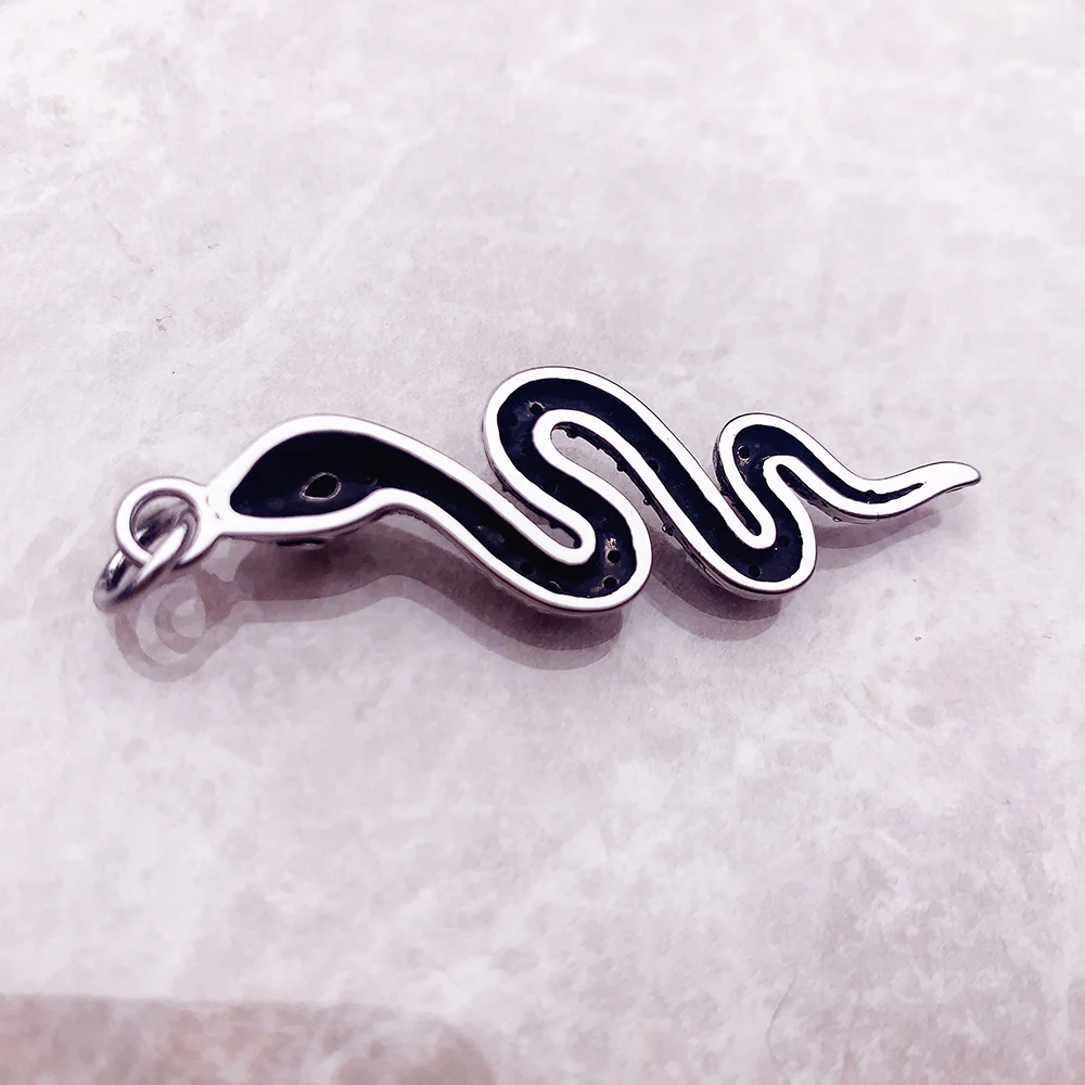 Ciondolo Serpente In Argento 925 Con Cristallo Nero - 13x7.5 Mm - Compatibile Con Bracciali Europei E Catene Da 3 Mm