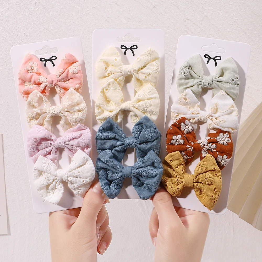 4Pcs/Set Lovely Bowknot Clips Hairpins Baby Girl Fresh Pastoral Style Hairclips Hair Accessories Kids Print Hollow Hairgripe