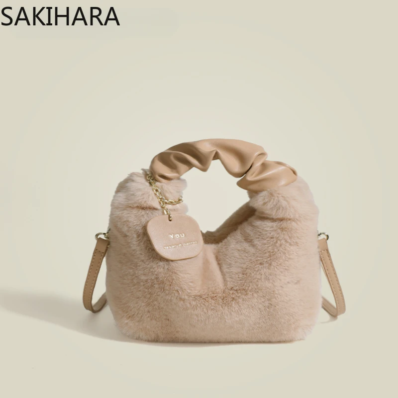 

Hand Bags for Women Furry Soft Patchwork PU Leather Solid Color New Arrive Casual Small Clutch Bags Cute Japanese Style Bags