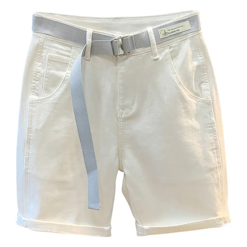Summer Men's Casual White Denim Shorts White Loose Straight Short Pants With Belt