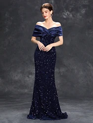 Elegant Pleated Sequin Velvet Fishtail Evening Gown - M (DEEP BLUE)