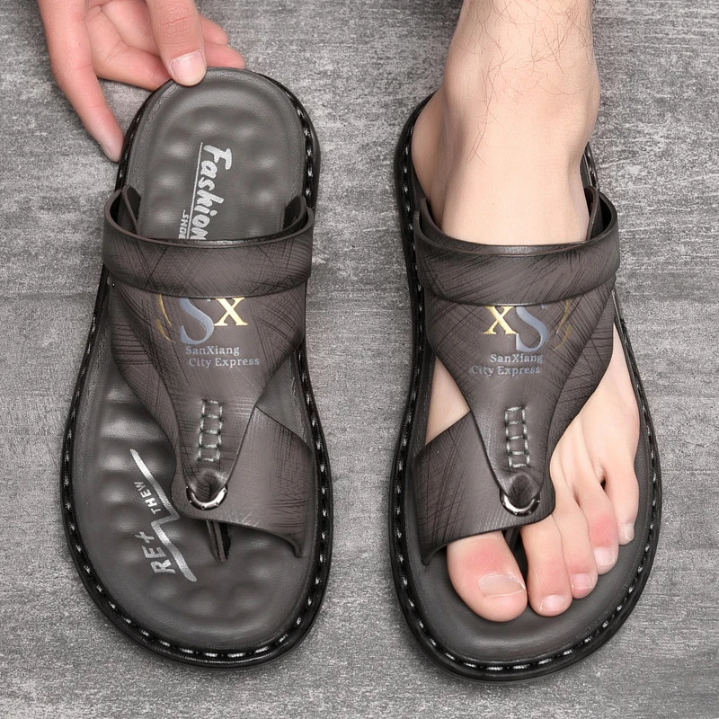 Leather Sandals Men's Summer Soft soled Anti slip Beach Flip-flops Casual Outwear
