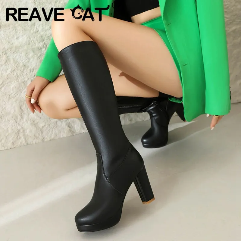 

REAVE CAT Sexy Women Knee High Boots Round Toe Chunky Heels 9cm Platform 2cm Zipper Large Size 45 46 47 Female Daiting Booties