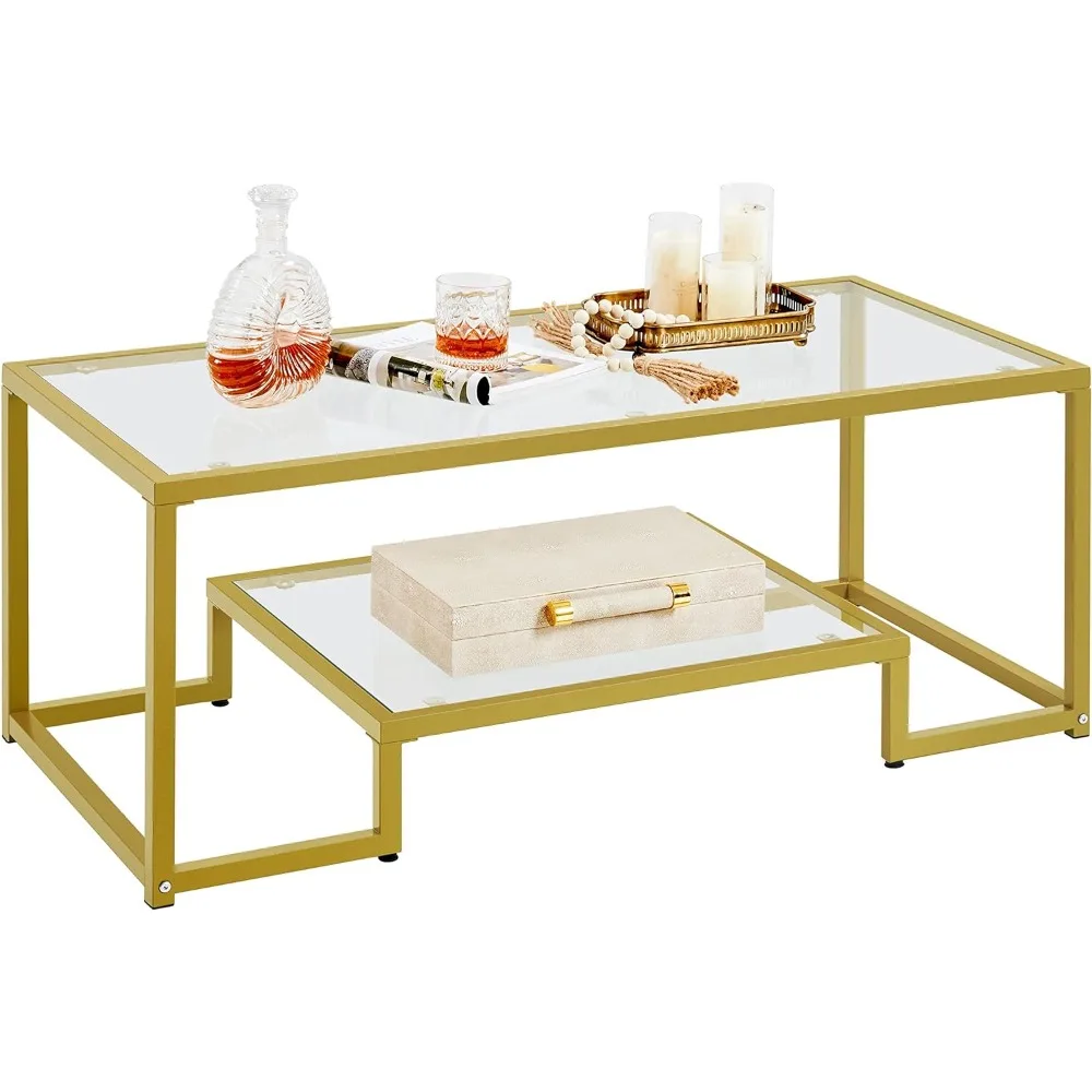 

Yaheetech Gold Coffee Table, 42" Rectangular Glass Coffee Table for Living Room, 2-Tier Center Tea Table with Metal Frame