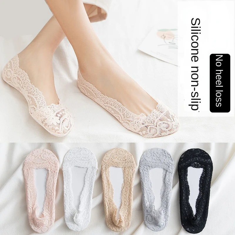 Woman Socks 6 Pairs Floral Pattern Lace Summer Non-slip Silicone No Show Boat Breathable Ballerina