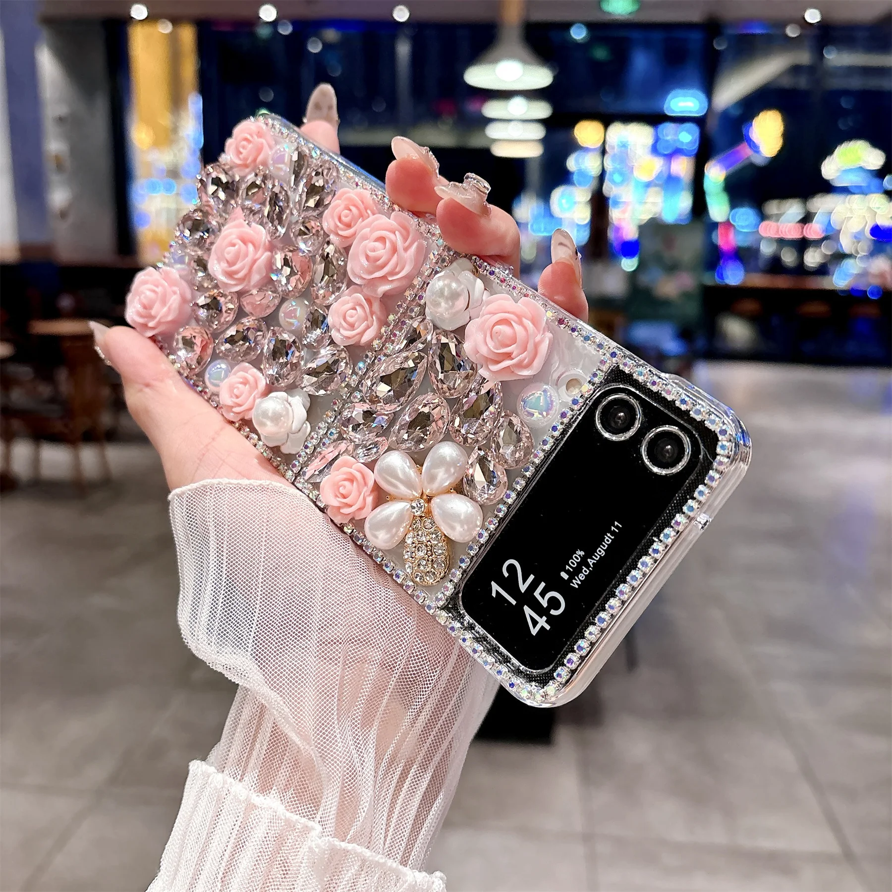 Elegant Pink Diamond Rose Flower Case - Luxury Classic Senior Edition