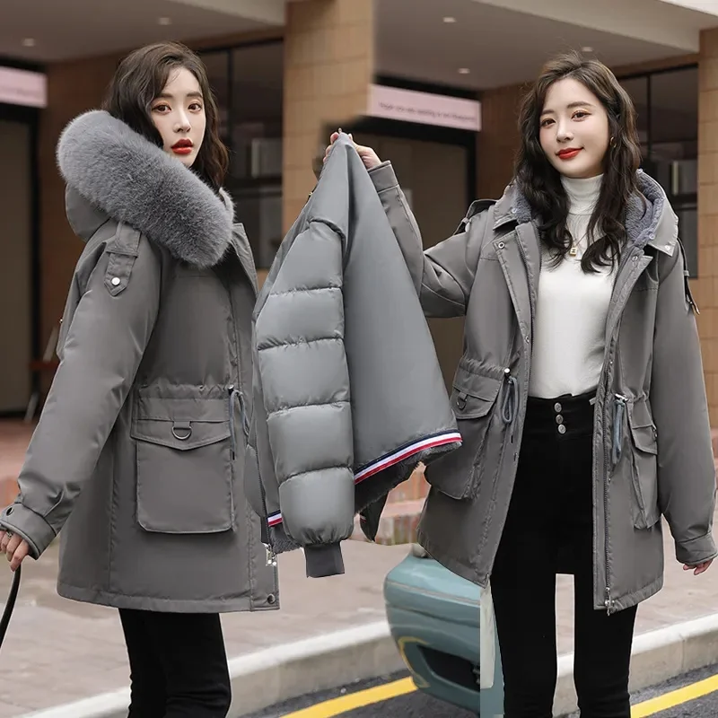 2023 Winter New Women Cotton Jacket Female Fashion Fur Collar Hooded Mid-Length Outwear Thicken Warm Casual Fur Lining Parkas