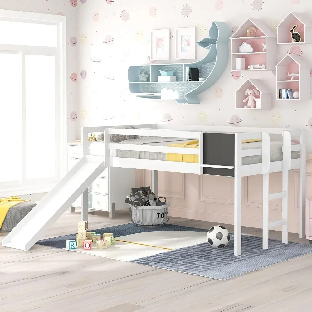 Wooden Single Bed Frame for Children with Slide, Space-saving Wooden Bed Frame for Children for Boys or Girls, White