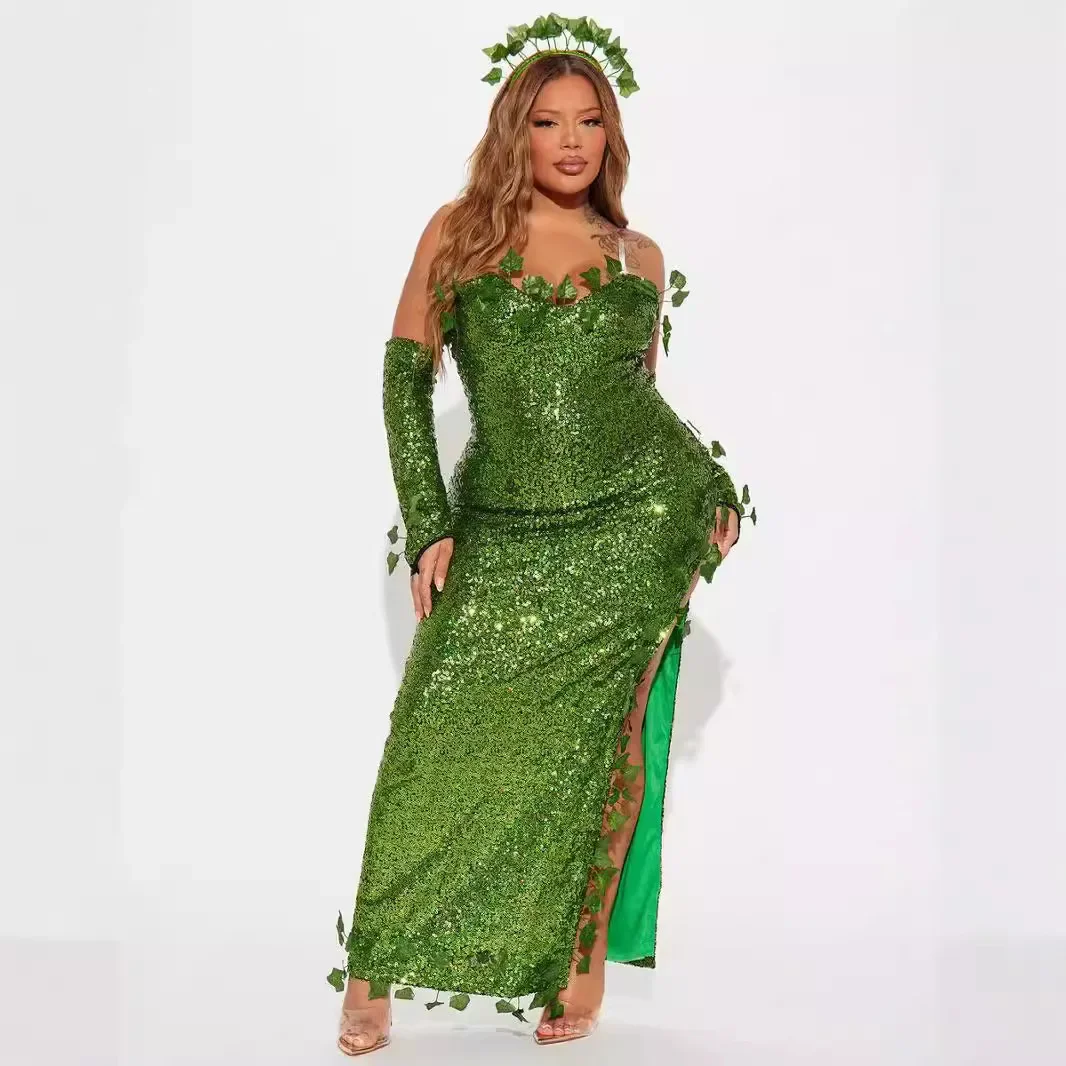 Sexy Halloween Costume Dress Sparkling Leaf Design Adult Dance Dress Mini Skirt V-Neck No Sleeve Polyester Fiber Empire Waist - Image 2