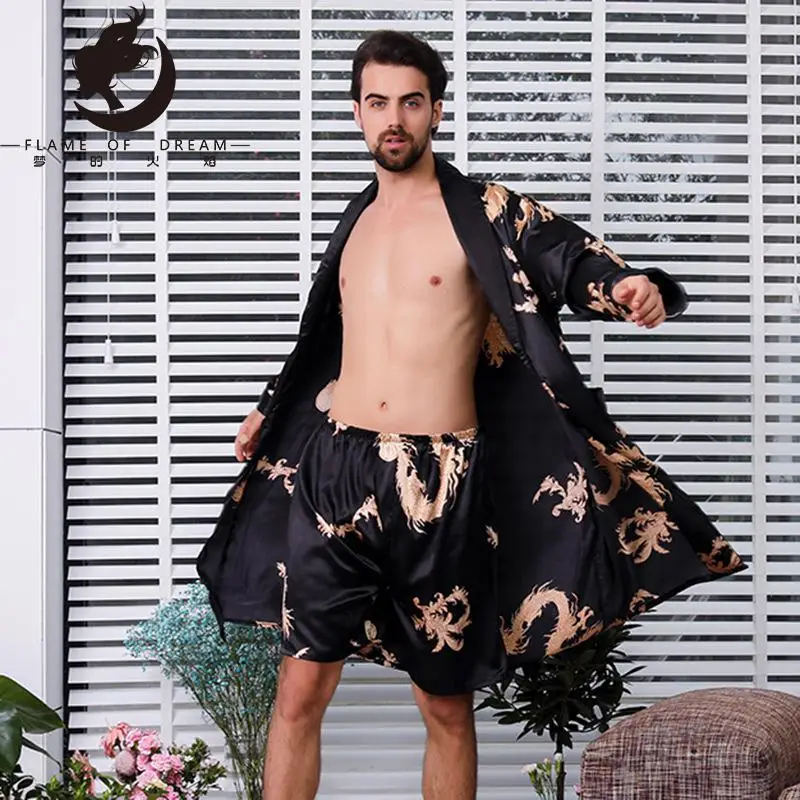 Two piece Suit Male Silk Dressing Gown Extra large Robe With Dragons