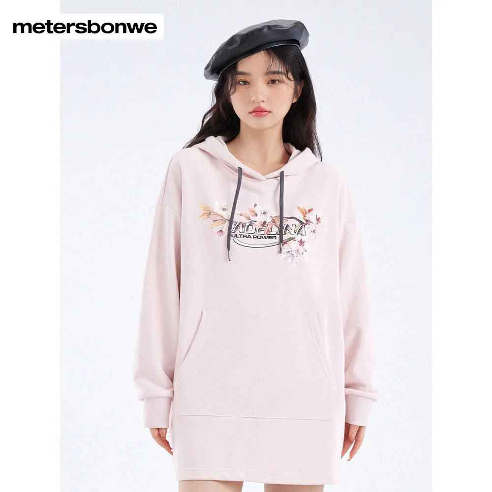 Metersbonwe Women's Flower Printed Hoodies Loose Casual Off-Shoulder Pullover With Hooded Spring Autumn Warm Large Pockets Tops