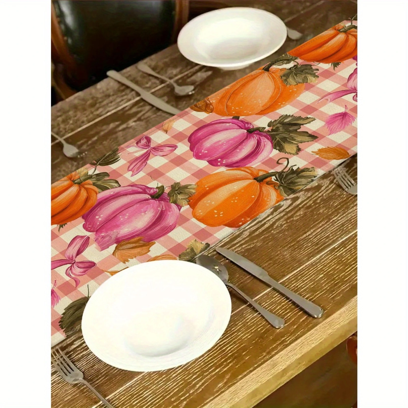 Pink Pumpkin Plaid Table Runner 5