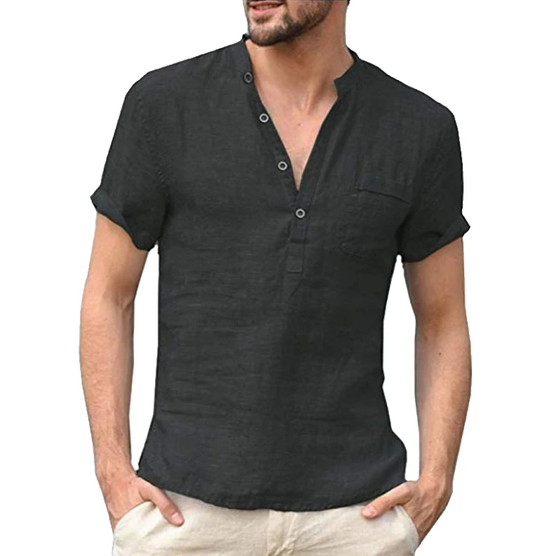 

New Fashion Cotton Linen Casual Shirts Male Short Sleeve V-Collar Breathable Men's Tee Men Clothing Camisa