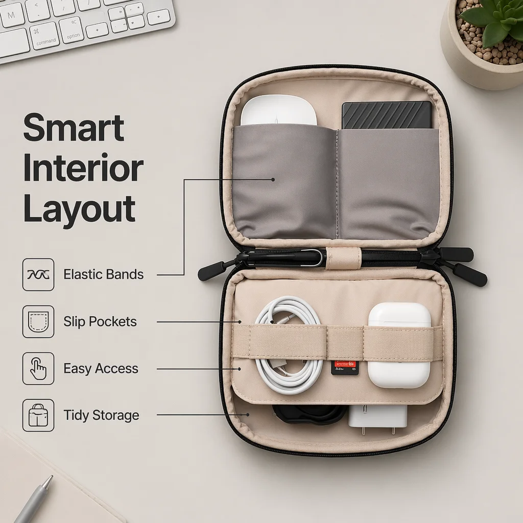Compact Multi-Compartment Travel Electronics Organizer Bag