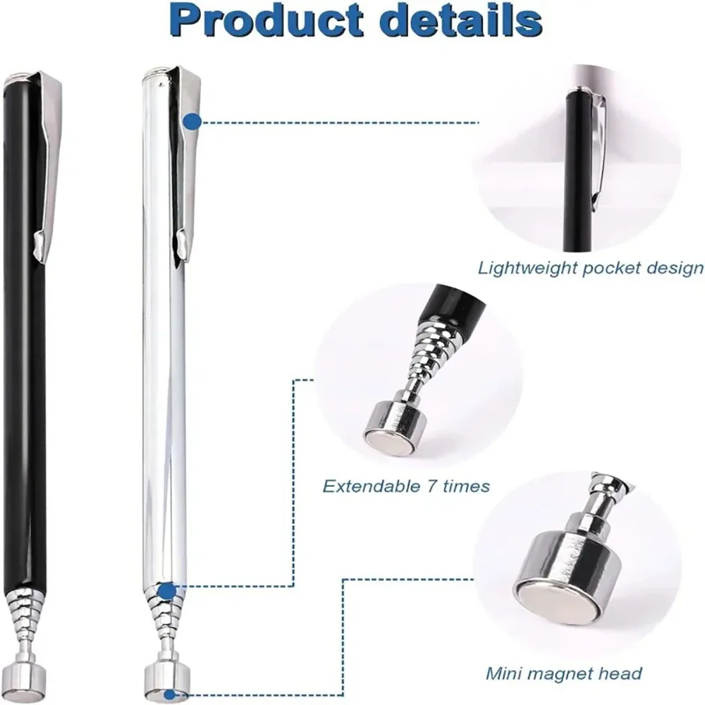 Extendable Pickup Rod Stick Portable Rotatable Silver Magnetic Pickup with Retractable Pen Clip Magnet Suction Rod Hand Tools