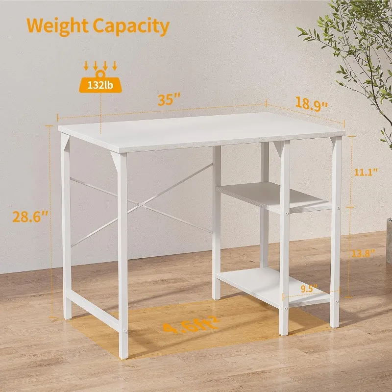 Small Computer Desk, 35 Inch Home Office Desk with Storage Shelves, Study Writing Desk, White 3
