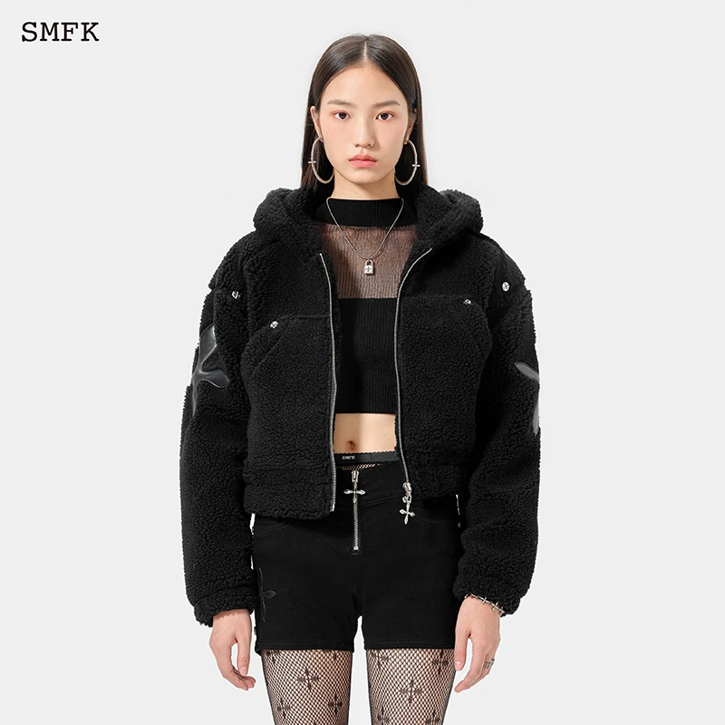 SMFK Women Handmade Lamb Fleece Hoodie Zip Hooded Cashmere Jacket  Short Thicker Woolen Jacket Babes Cashmere Short Coat CF002BS