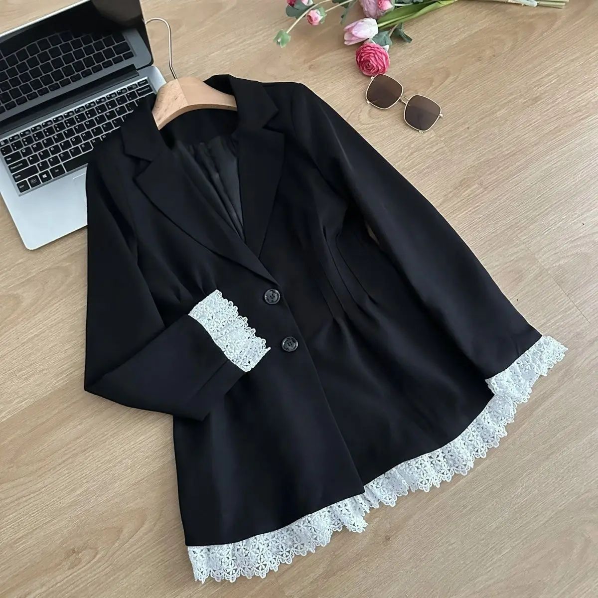 Elegant Black Suit Dress Women Lace Patchwork Blazer Dress Turn-down Collar Slim Korean Fashion Y2K Autumn New Mini Vestidos