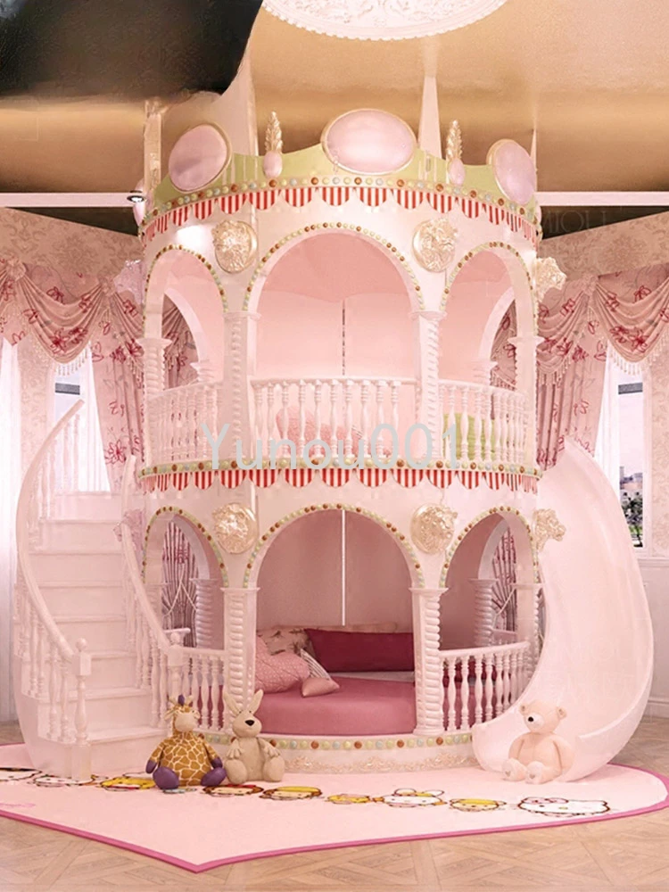 

European Style Castle Villa,Solid Wood Carving,Luxurious Girl Princess Bed, Dreamy Customization, French Elevated Children's Bed