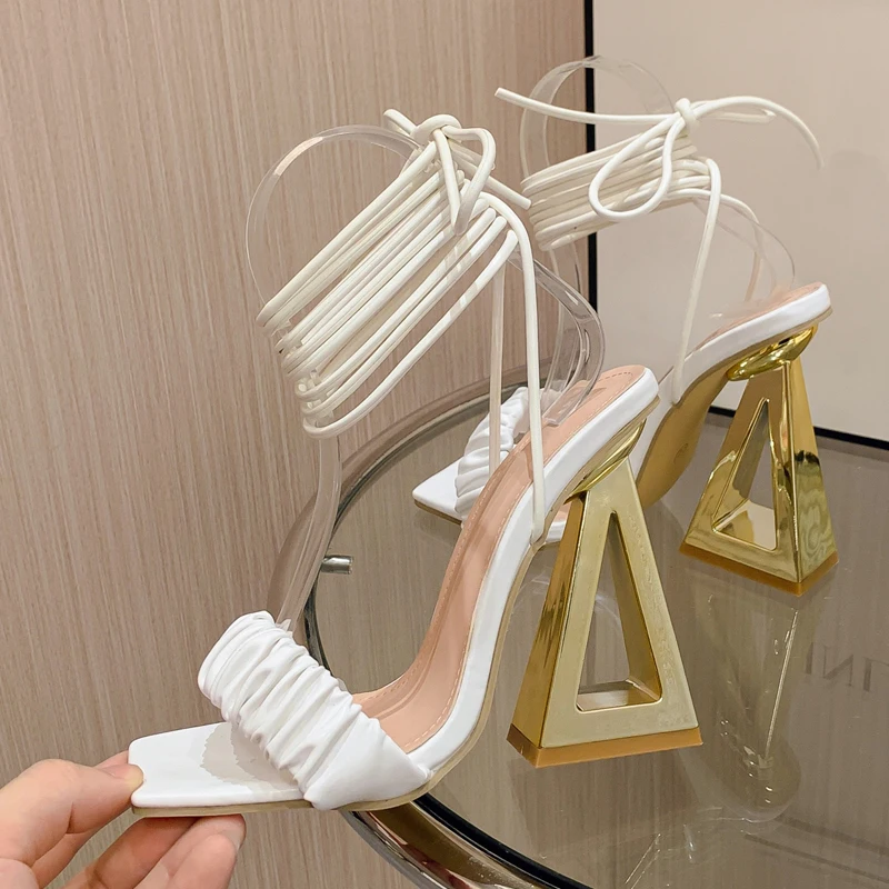 

Cross Ankle Strap Gladiator Peep Toe Sandals Women Fashion Pleated Lace-up Fretwork Heels Summer Party Shoes Zapatos De Mujer