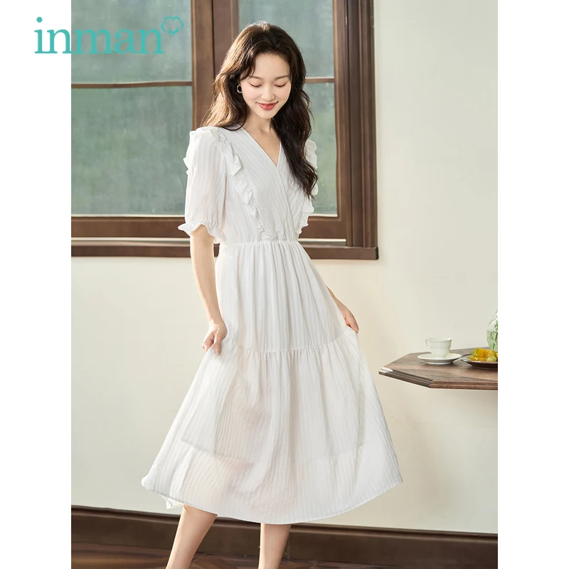 

INMAN Women Dress 2023 Summer Puff Sleeve V Neck A-shaped Loose Ruffle Edge Design French Elegance White Long Skirt