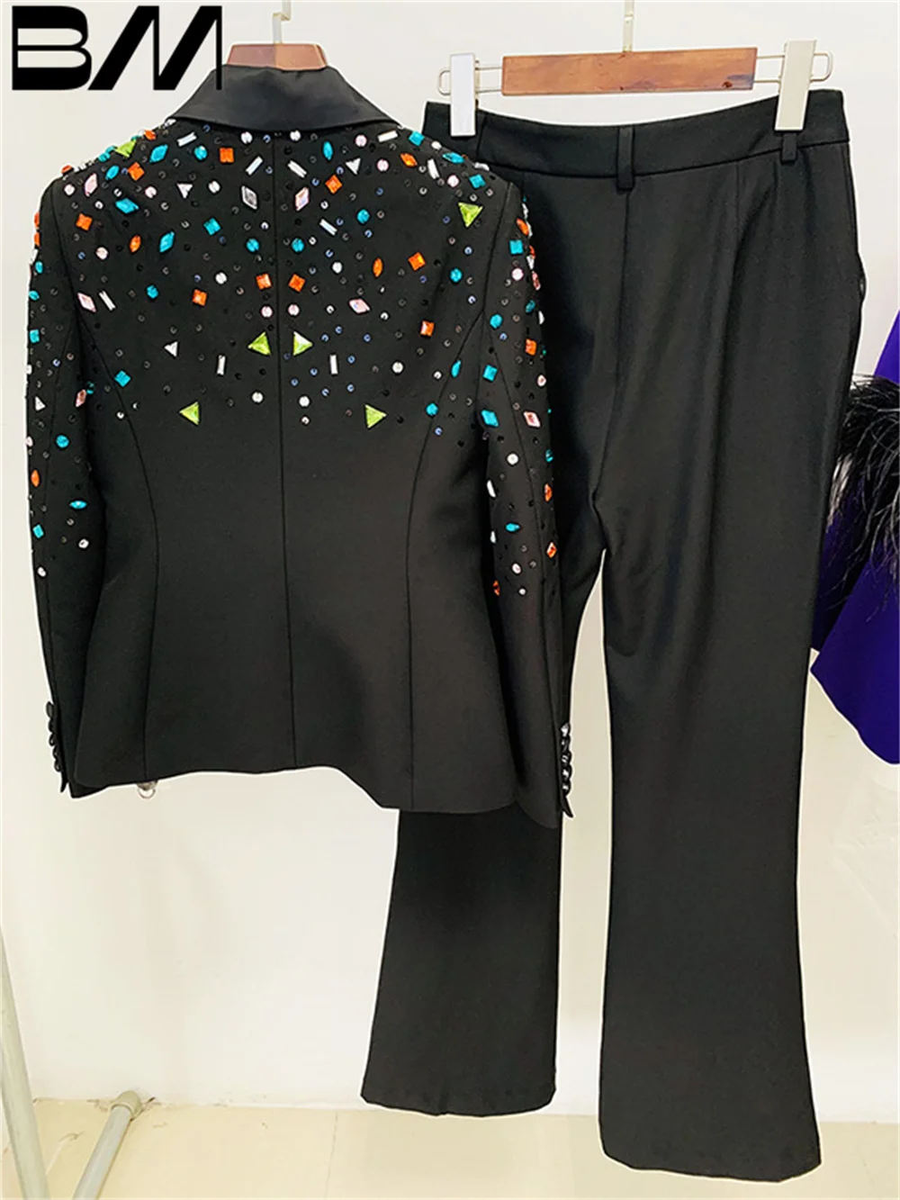 Fashion New Heavy Industry Beads Colored Diamonds Slim Fit Blazers Bootleg Trousers Suit Two Pieces Women Office Formal Business