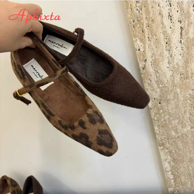 Aphixta Warm Flannel Mary Jane Shoes Leopard Sexy Party Dance Pumps Women Med Heels Buckle Pointed Toe Pumps